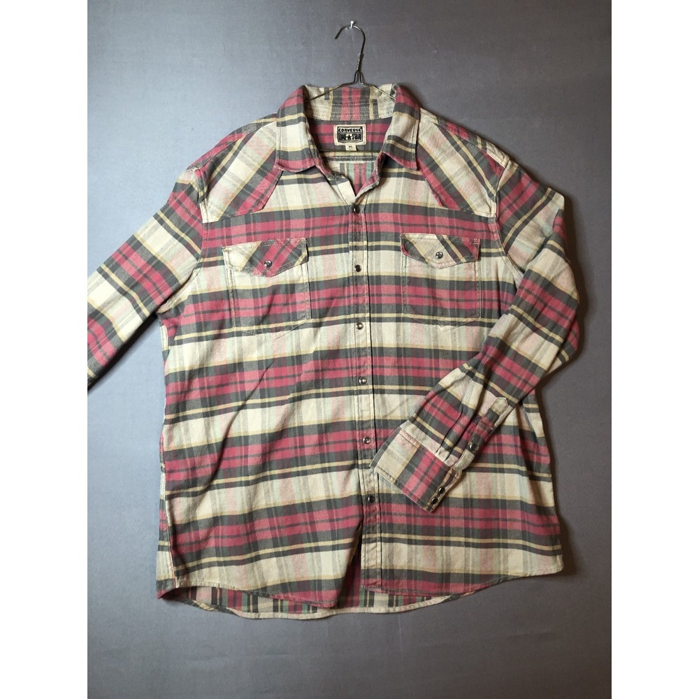 Converse One Star Plaid Button Up Shirt Mens XL Red Brown Long Sleeve Cotton